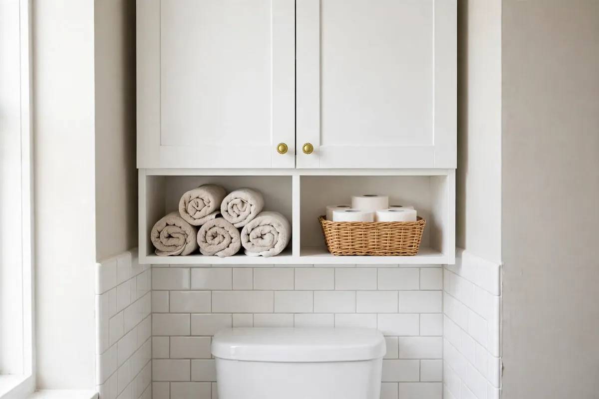 White cabinet with doors mounted above a toilet holding rolled towels and toilet paper