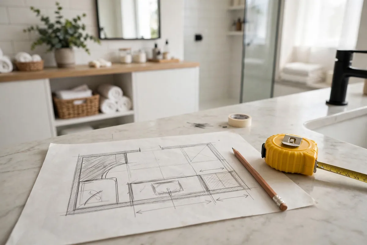 Hand drawn bathroom zone map, tape measure, and pencil on a vanity counter in an organized bathroom
