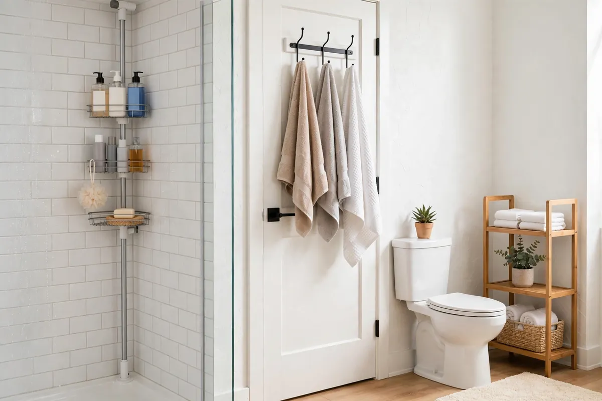 Renter friendly bathroom corner with a tension pole shower caddy, over door hooks, and a freestanding over toilet shelf