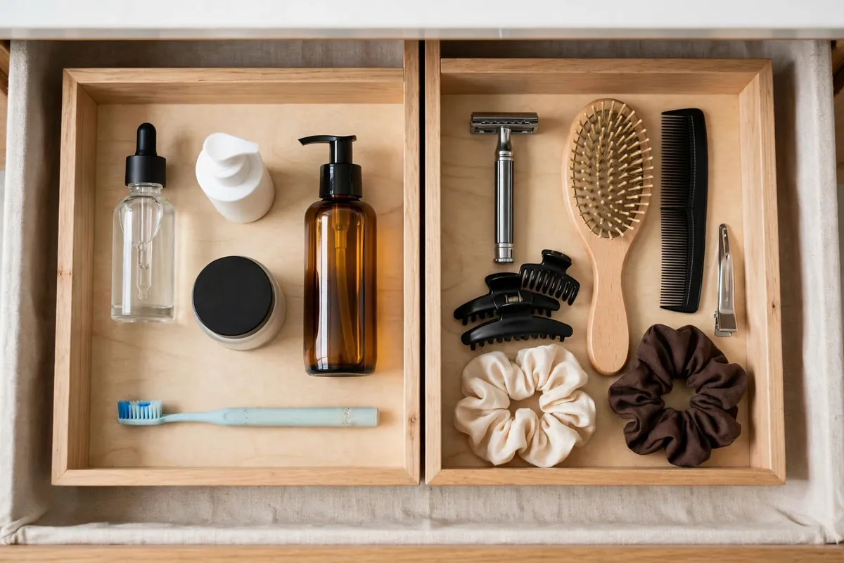 Open bathroom vanity drawer split into two sections by dividers for two people