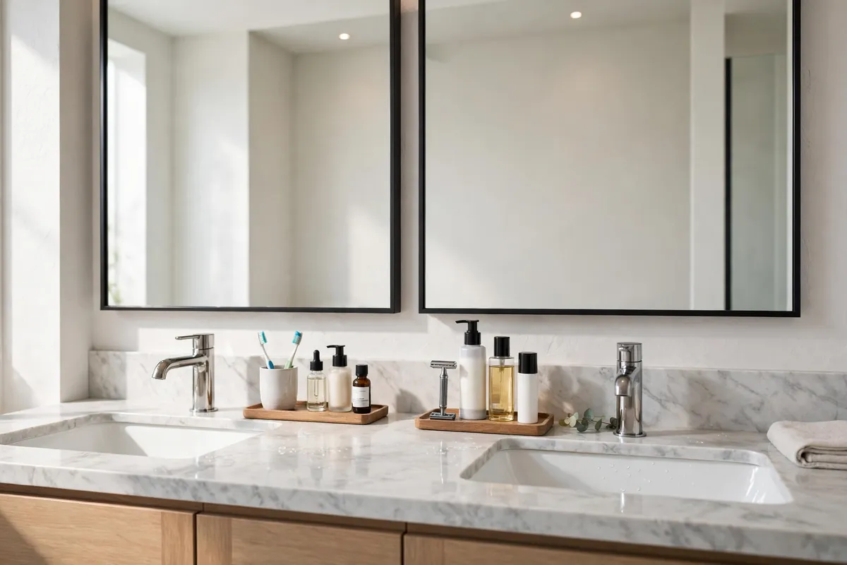 Shared bathroom vanity with two separate trays for two people beside a double sink mirror