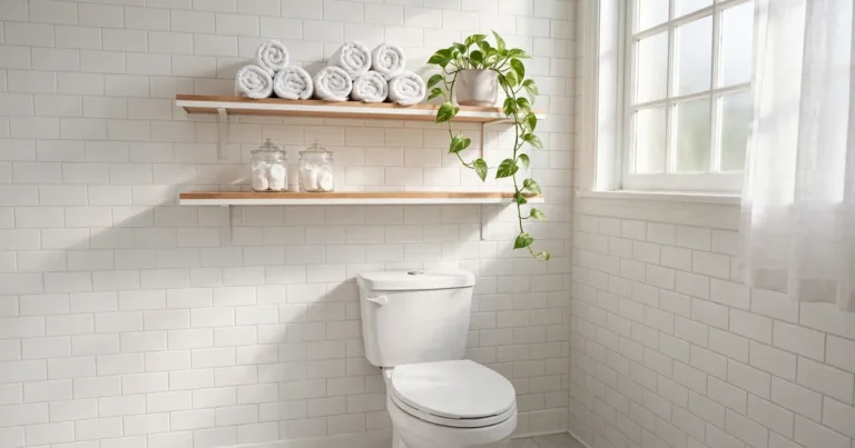 Bathroom shelf ideas for a small bathroom: white floating shelves above the toilet styled with rolled towels, a pothos plant, and glass jars