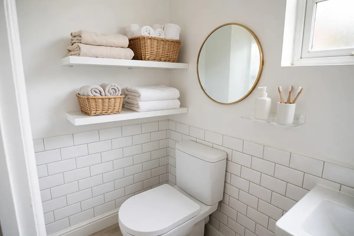 Starter bathroom shelf setup with two above-toilet shelves and a small mirror-side shelf