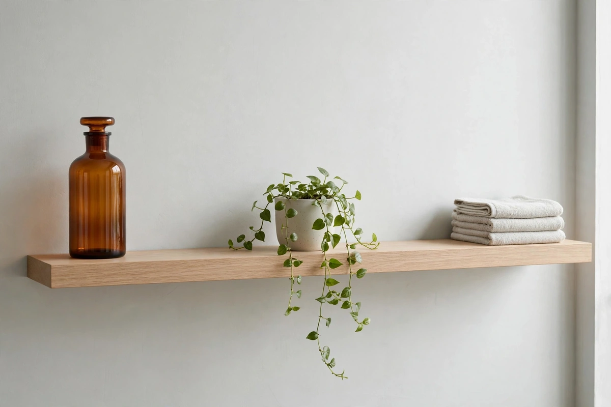 Calm bathroom shelf with odd-numbered groups and empty space
