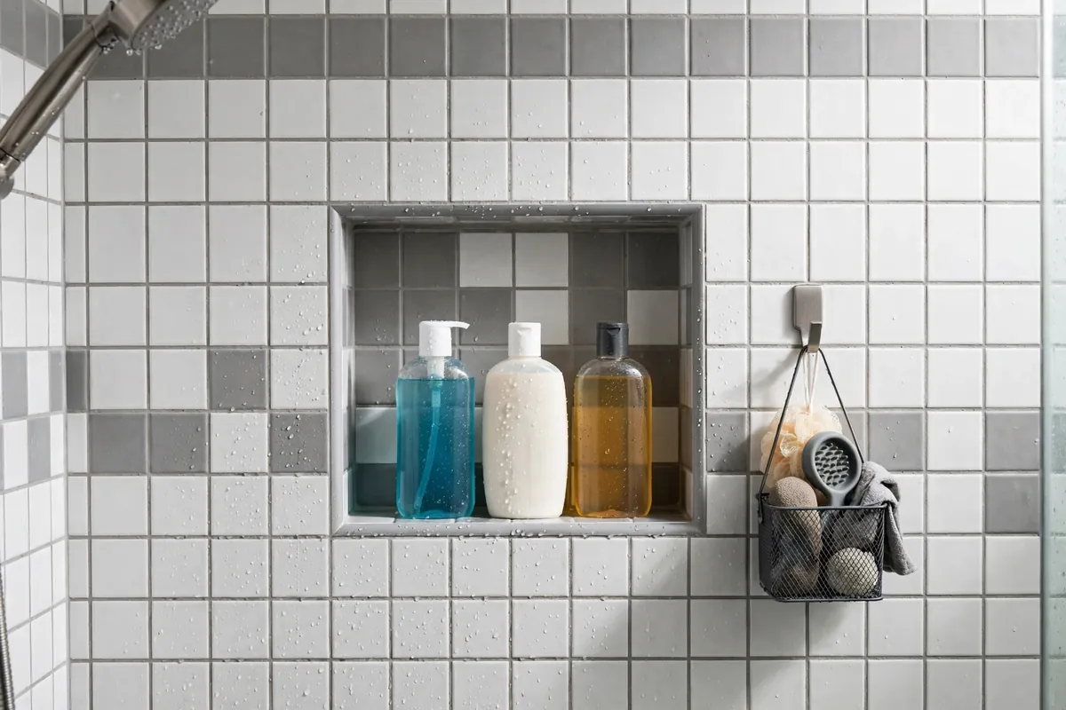 Tiled shower niche holding shampoo, conditioner, and body wash bottles at shoulder height