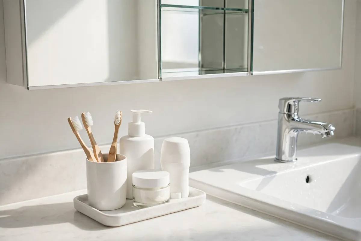 Small tray on a bathroom counter holding a toothbrush cup, face wash, moisturizer, and deodorant beside a sink