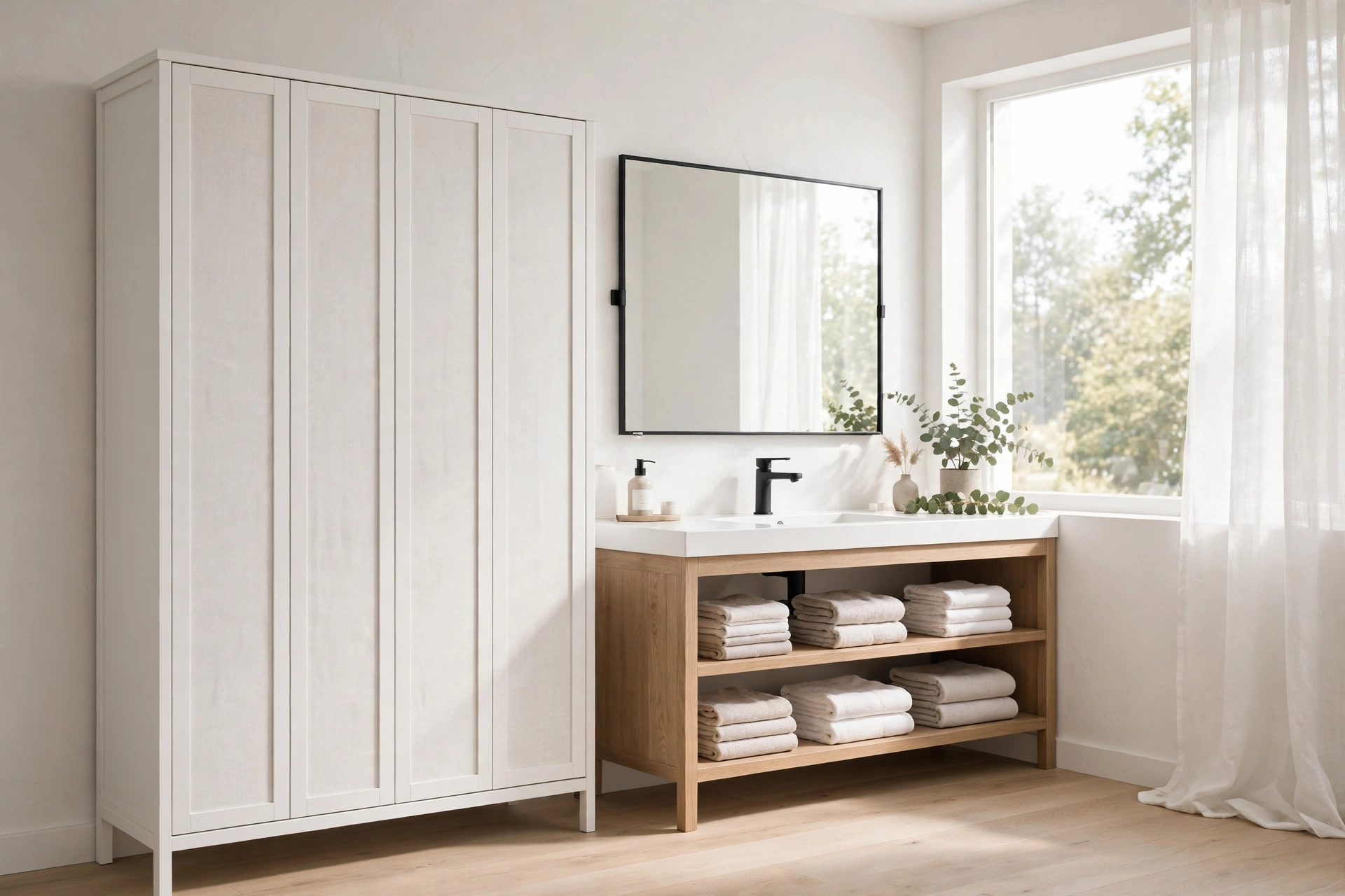 Bathroom storage cabinet guide: tall white linen tower cabinet in a modern organized bathroom