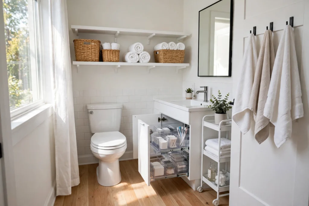 Bathroom storage ideas for small bathrooms: floating shelves above toilet, under-sink organizers, and rolling cart