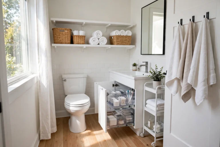 Small organized bathroom with floating shelves above toilet, under-sink organizers, and rolling cart