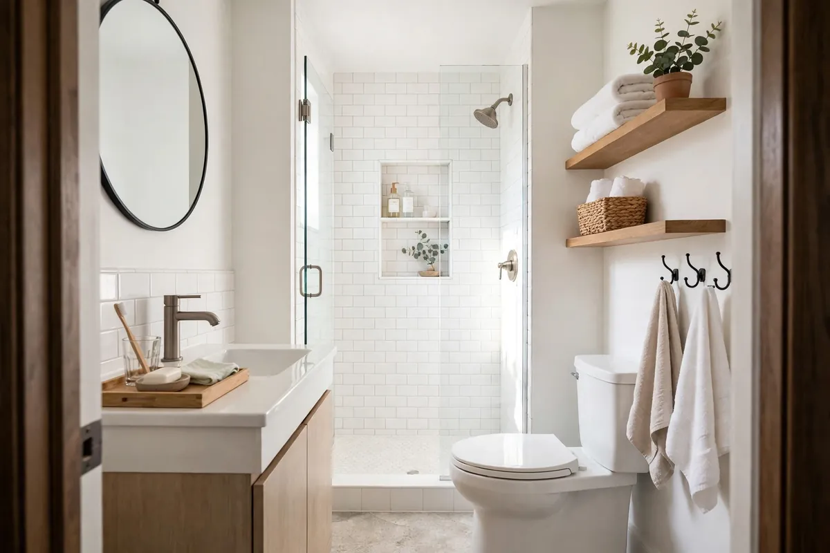 Small bathroom seen from the doorway showing sink, shower, toilet, and wall storage zones
