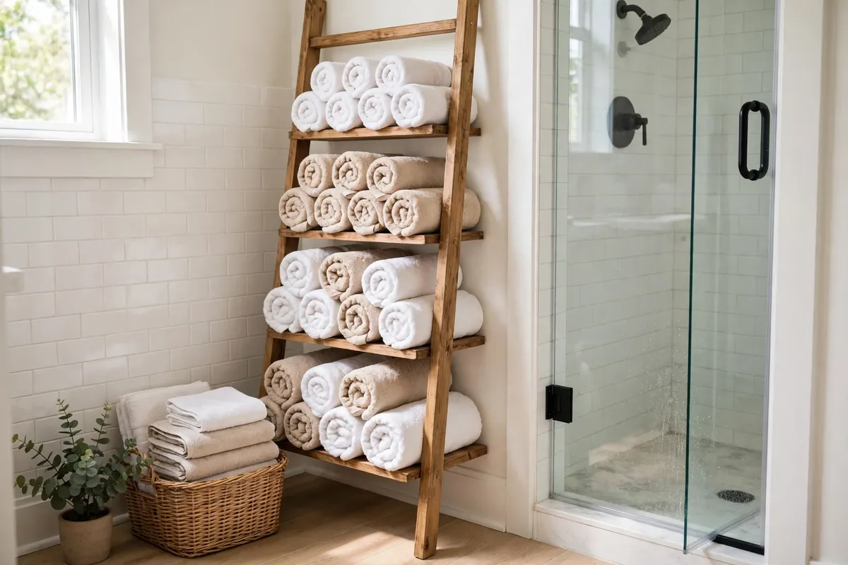 Rolled towels stored on a wooden ladder shelf in a small bright bathroom near a shower