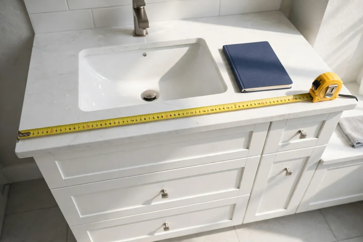 Tape measure stretched across a white bathroom vanity to check its width before buying storage