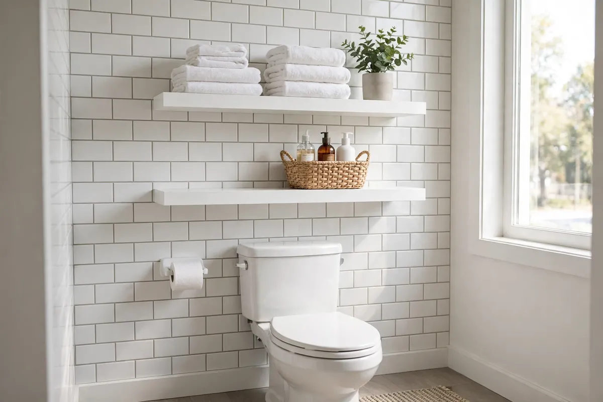 Two floating shelves on a bathroom wall holding folded towels, a small plant, and a basket