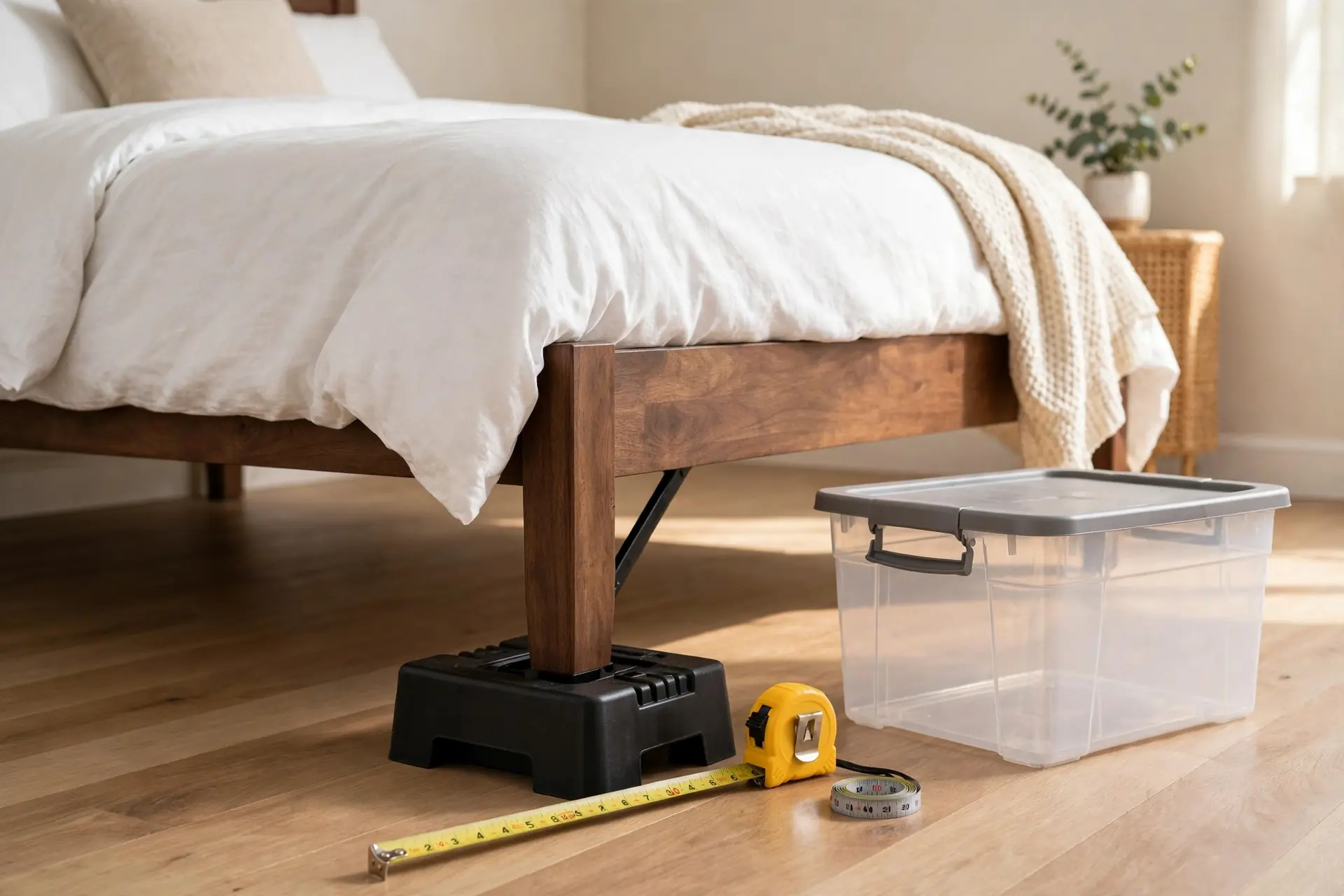 A bed leg lifted on a bed riser block next to a tape measure