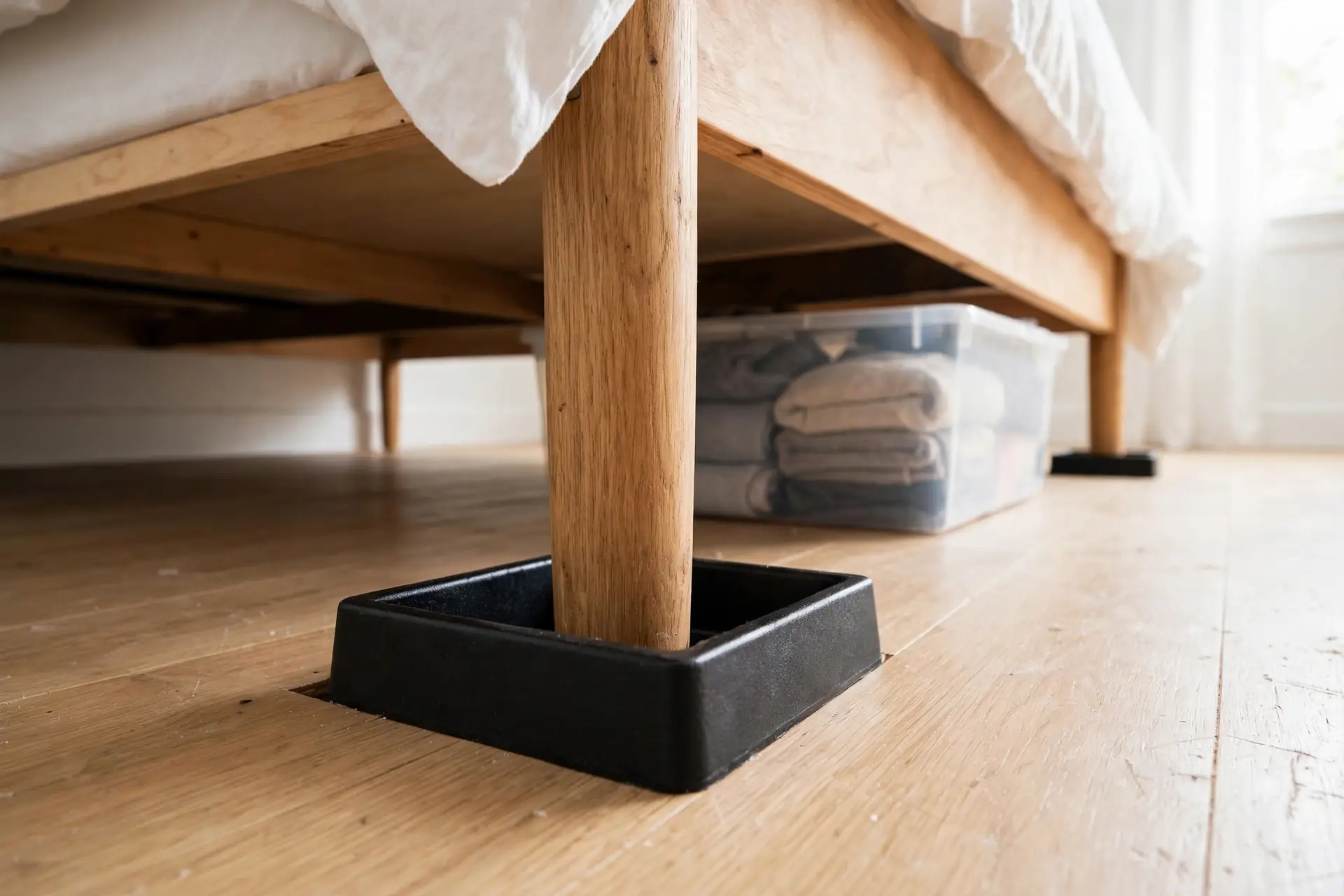 Black bed risers lifting a wooden bed frame to add under bed storage clearance