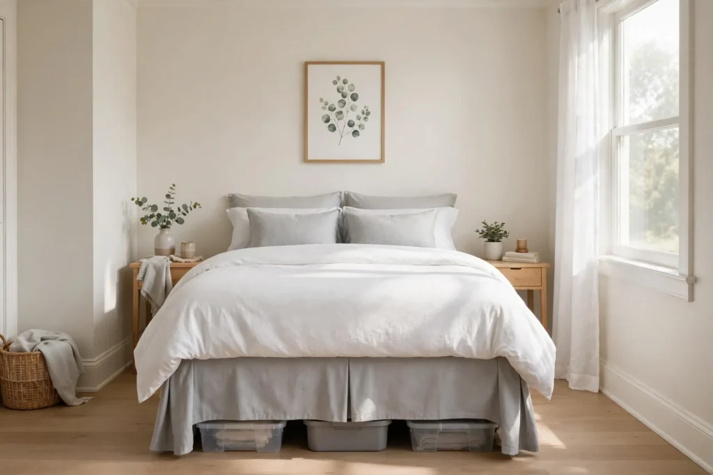 Bed skirt acting as a dust barrier around under bed storage bins
