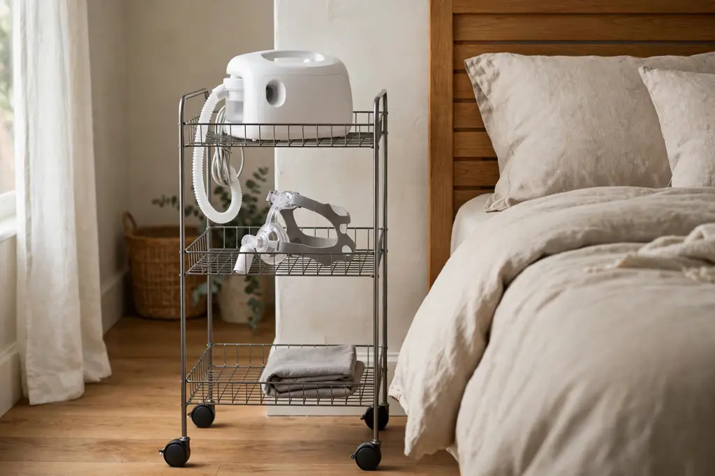 Rolling cart beside a bed holding a CPAP machine