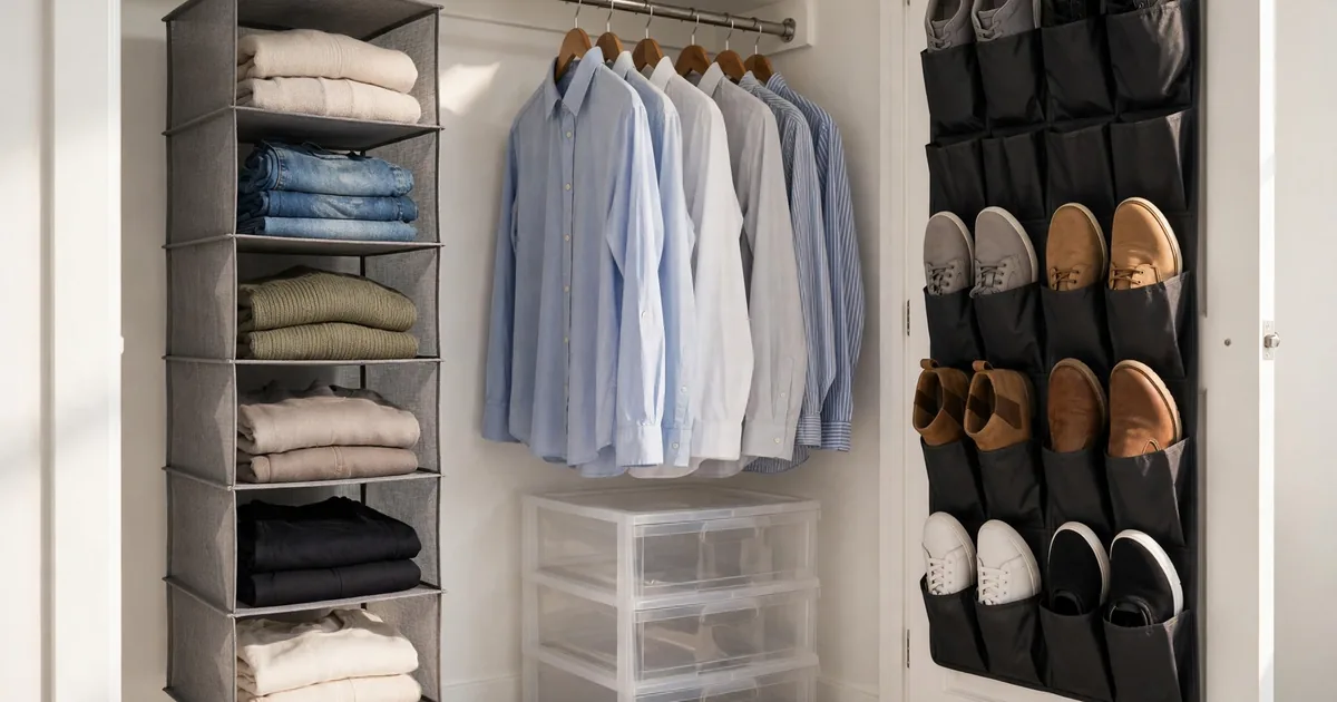 Best closet organizer picks for small closets: hero image showing an organized small reach-in closet with hanging organizers