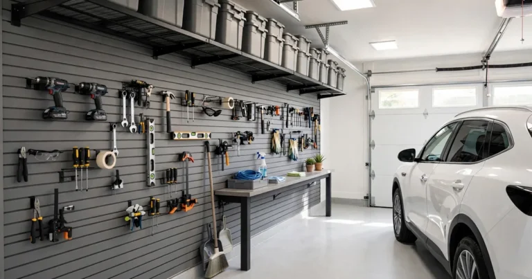 Best garage storage system picks for a small garage: wall panels, overhead rack with bins, and clear parking space