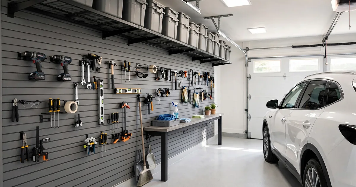 Best garage storage system picks for a small garage: wall panels, overhead rack with bins, and clear parking space