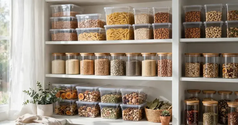 Best pantry organization bins organized on pantry shelves with clear bins and labeled containers