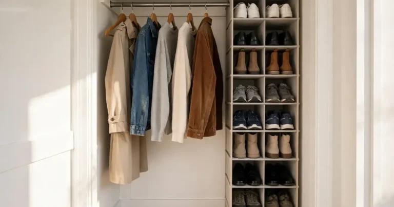 Best shoe rack for small closet: tall narrow shoe tower beside hanging clothes in a tidy small closet