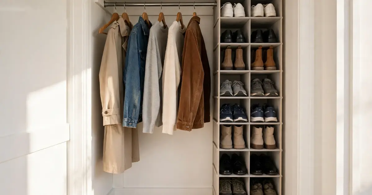 Best shoe rack for small closet: tall narrow shoe tower beside hanging clothes in a tidy small closet