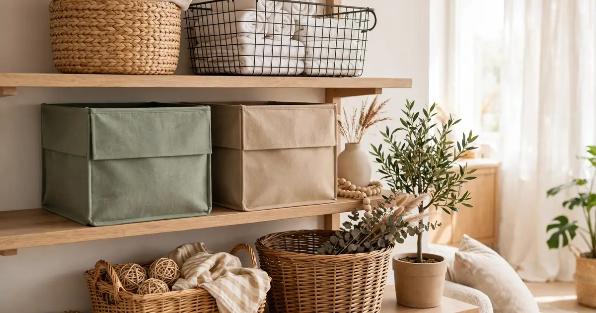 Best storage baskets in seagrass, fabric, wire, and wicker arranged on bright open shelves