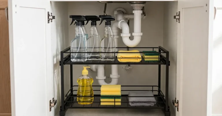 Best under sink organizer picks arranged in an organized kitchen cabinet