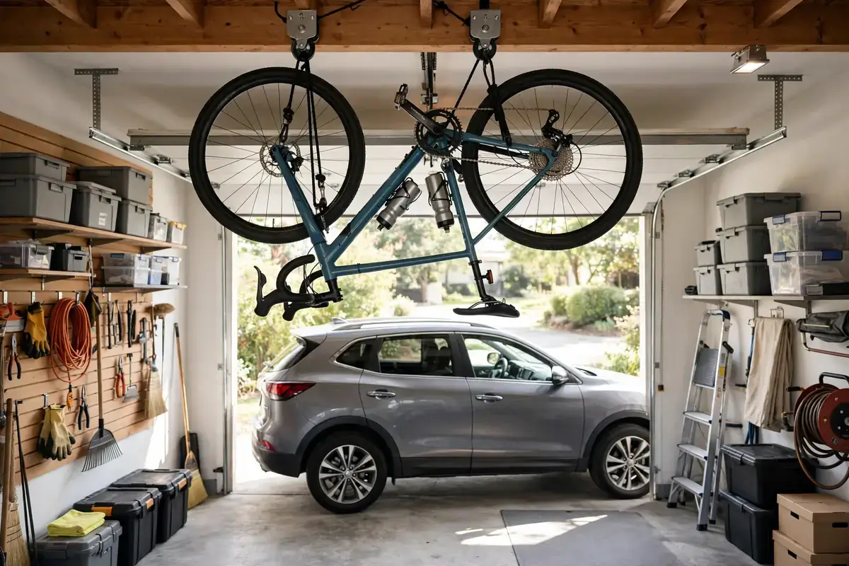 Bicycle stored on a ceiling-mounted pulley hoist above a parked car.
