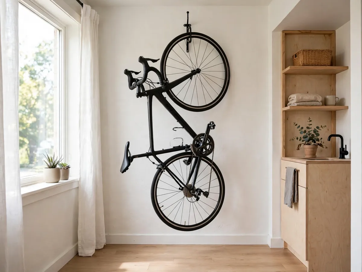 Bike stored vertically on a wall mount in a small studio apartment