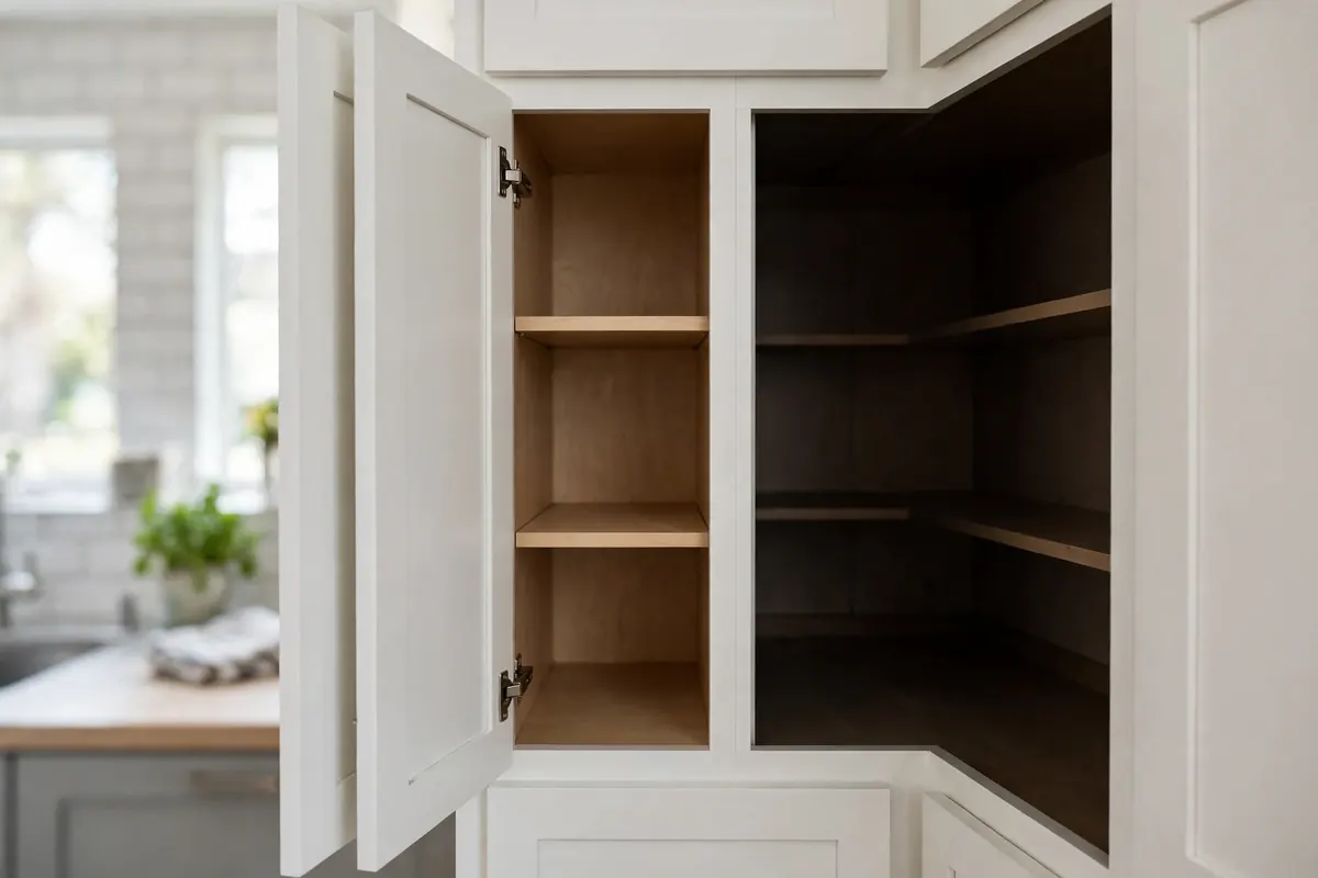 Open L-shaped blind corner base cabinet showing the deep dead space behind the cabinet run