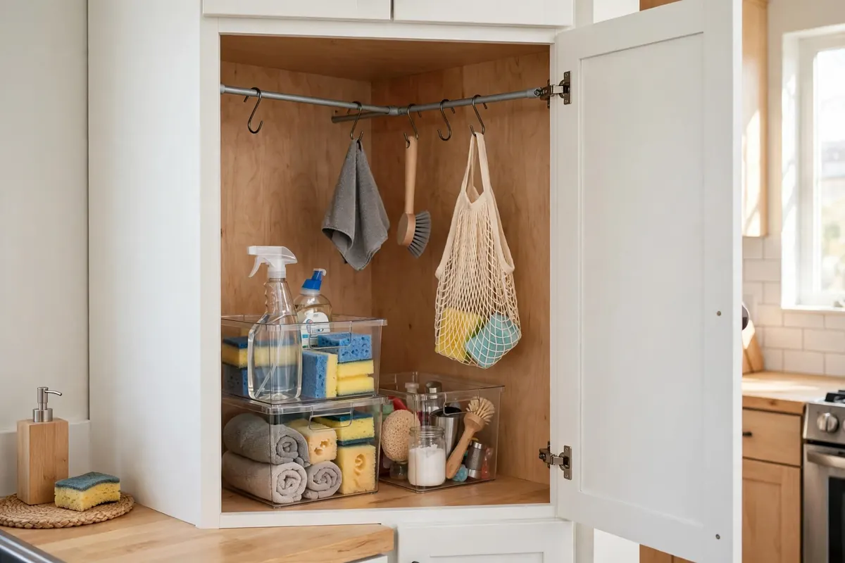 Renter-friendly no-drill storage bins and a tension rod inside a blind corner cabinet
