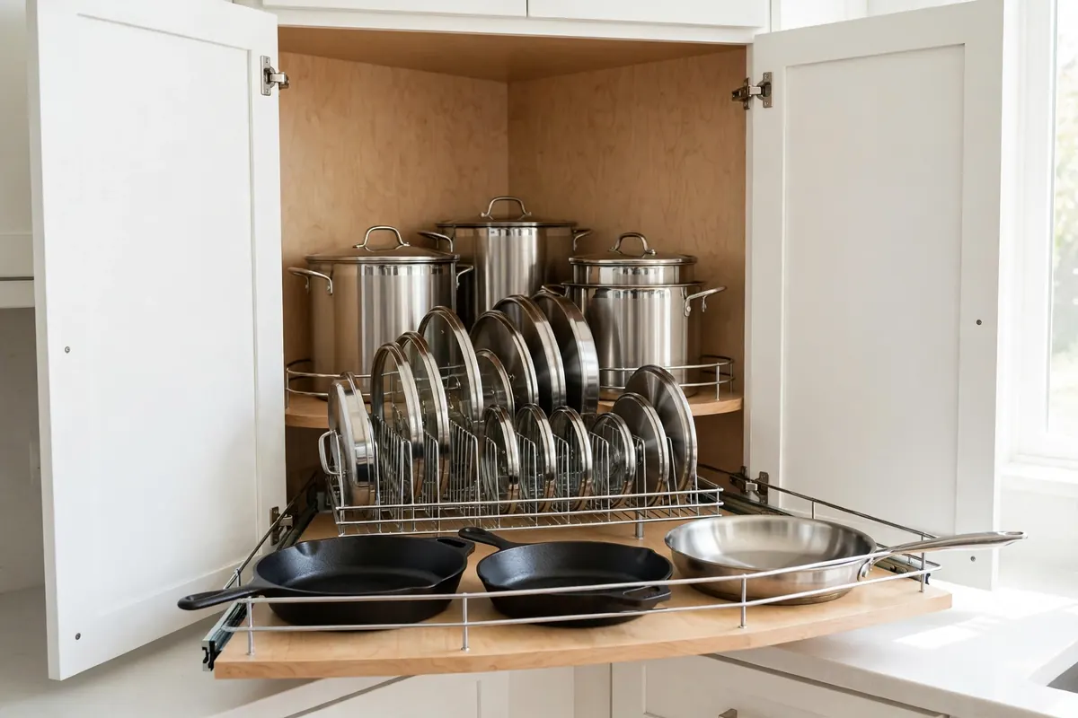 Pots and pans organized by zone on pull-out shelves in a blind corner cabinet