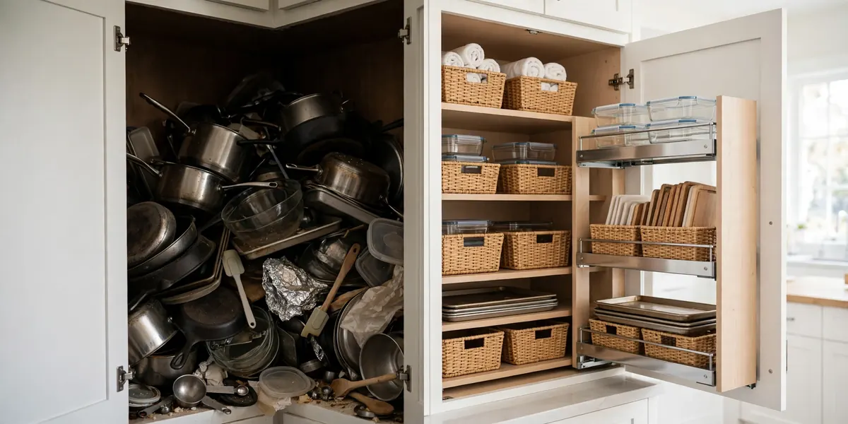 Before and after view of a cluttered blind corner cabinet transformed with a pull-out organizer