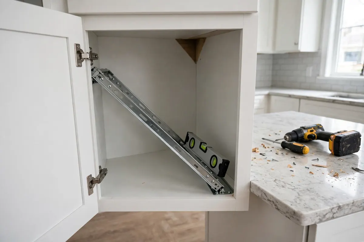 Crooked pull-out shelf track with a spirit level showing a common blind corner installation mistake