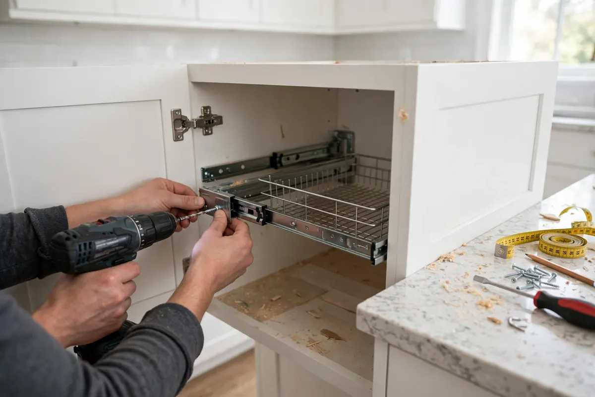 Hands installing a blind corner pull-out organizer with a cordless drill