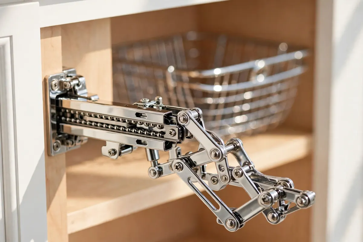 Close-up of chrome full-extension slides and articulated pull-out arm hardware in a blind corner cabinet
