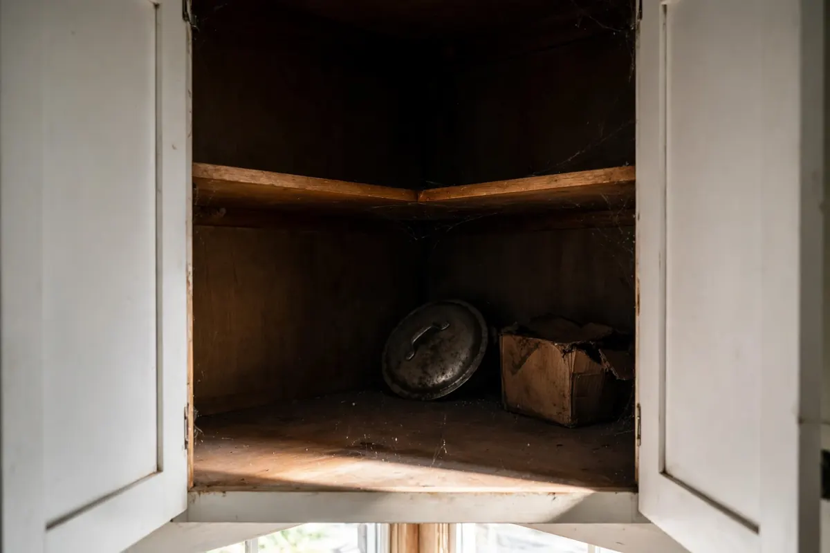 Deep dark blind corner cabinet interior with forgotten items pushed far out of reach