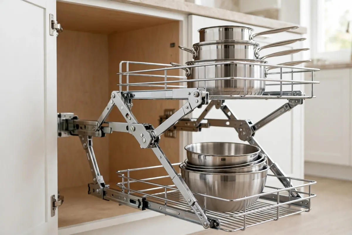 Blind corner kitchen cabinet ideas: magic corner pull-out hardware with chrome wire shelves swinging out of the corner