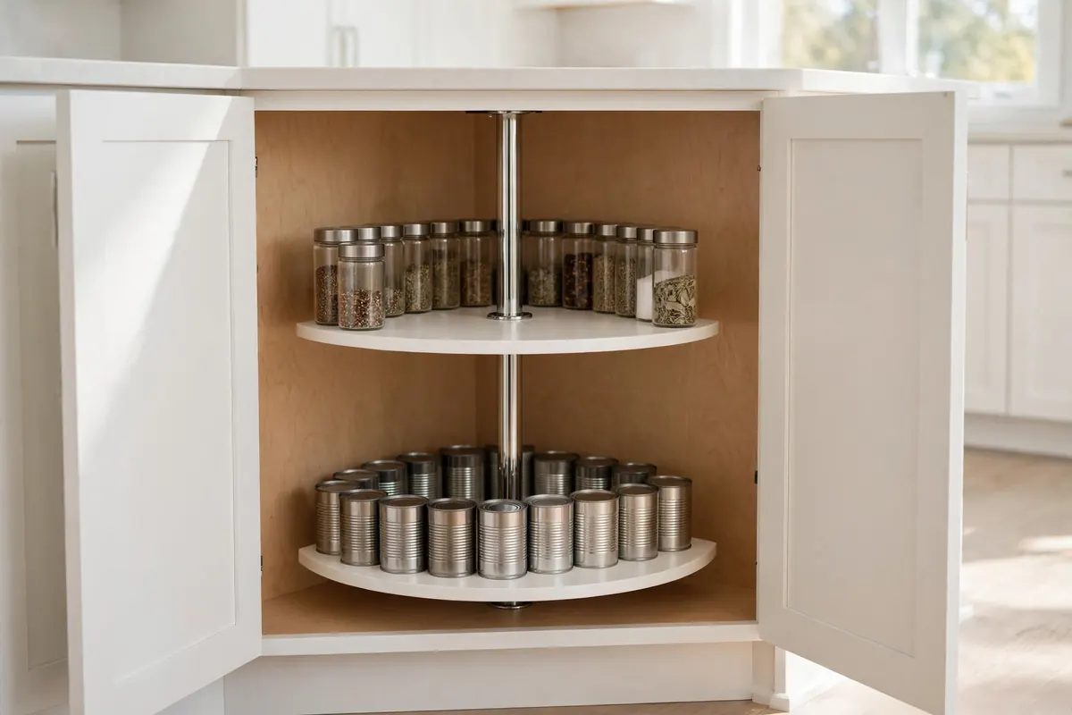 Two-tier half-moon lazy Susan turntable stocked with canned goods inside a blind corner cabinet