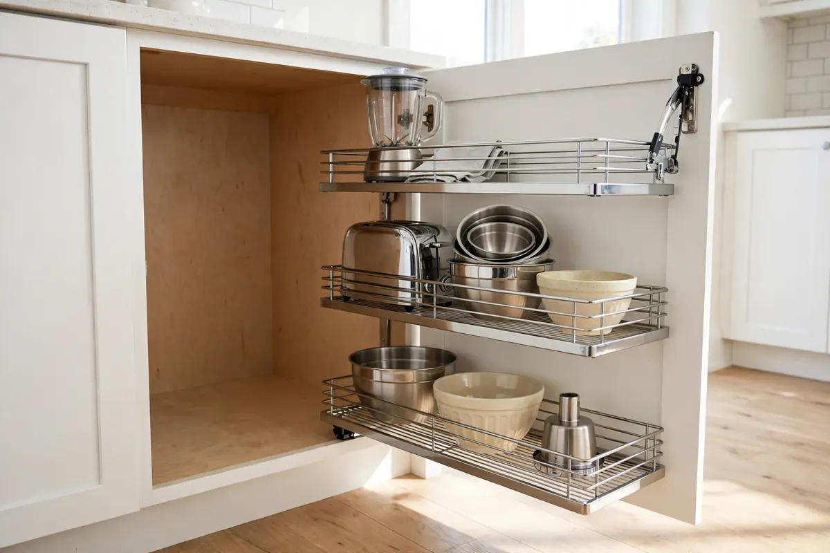 Swing-out shelves pivoting out of an open blind corner kitchen cabinet
