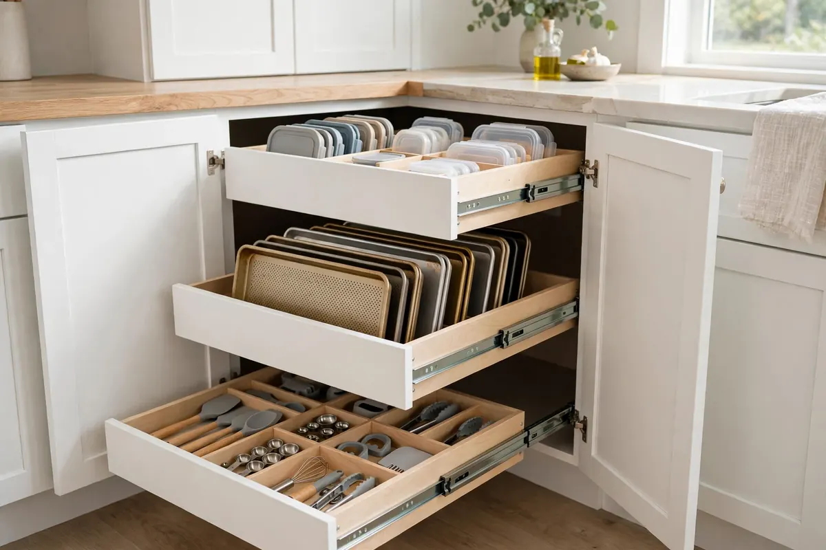 Pull-out drawers on full-extension slides extended from a blind corner base cabinet