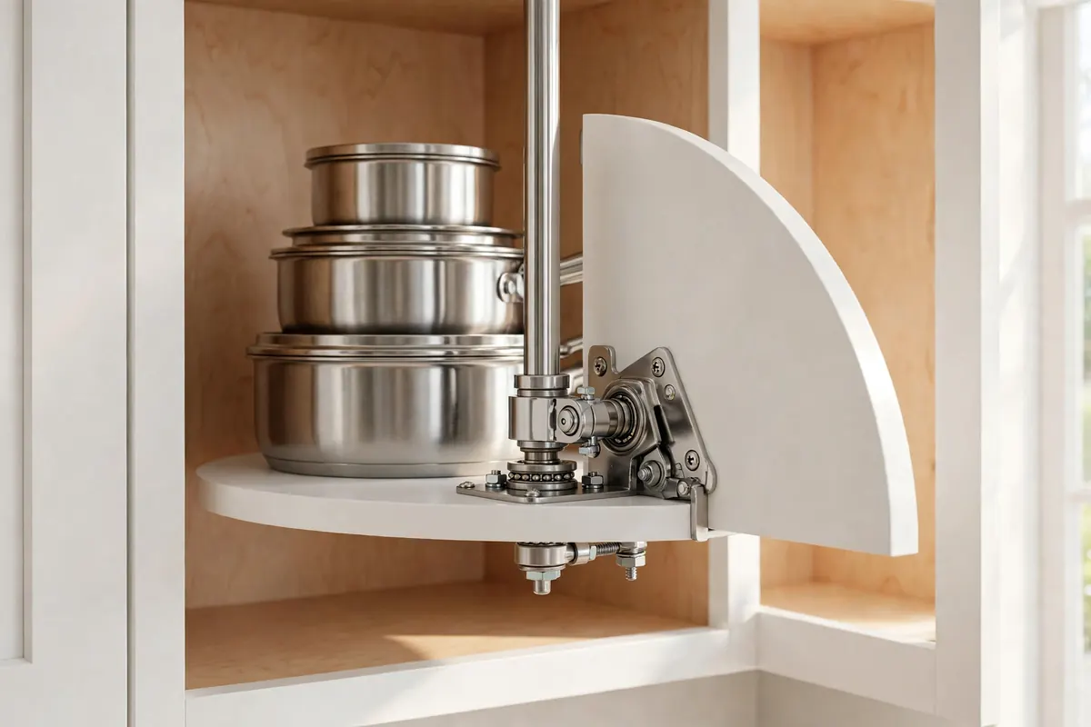 Close-up of a half-moon pivot shelf mechanism inside a blind corner cabinet