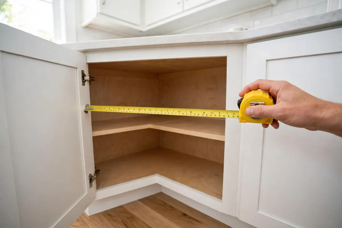 Hand measuring the door opening of a blind corner cabinet with a yellow tape measure
