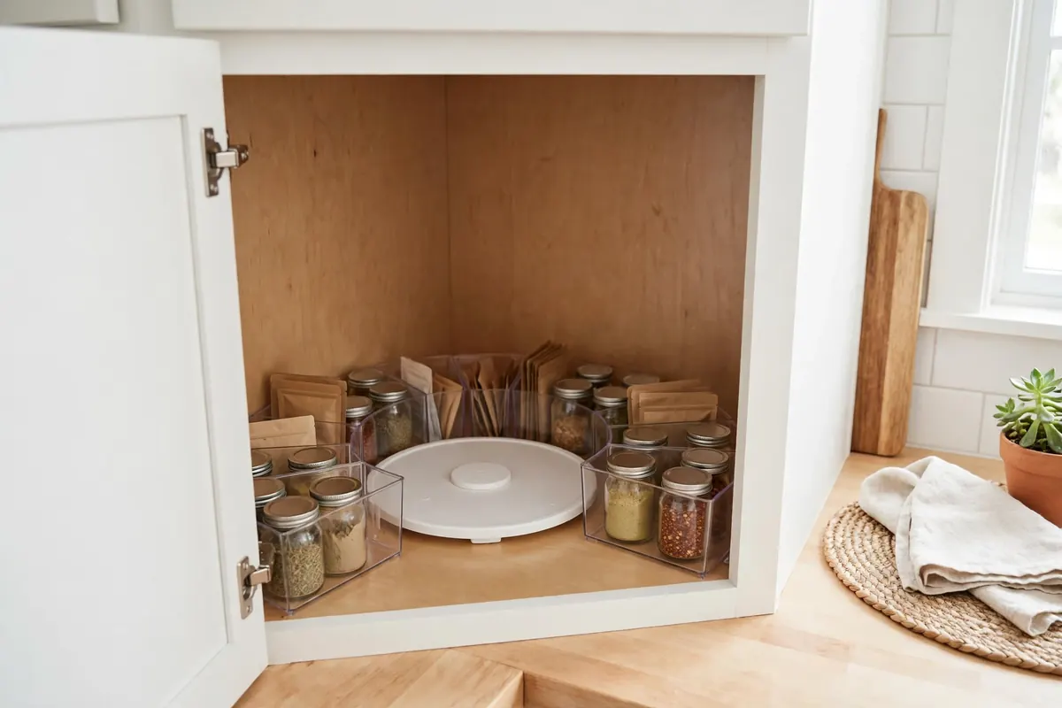 Budget blind corner cabinet setup with a small turntable and wedge-shaped storage bins