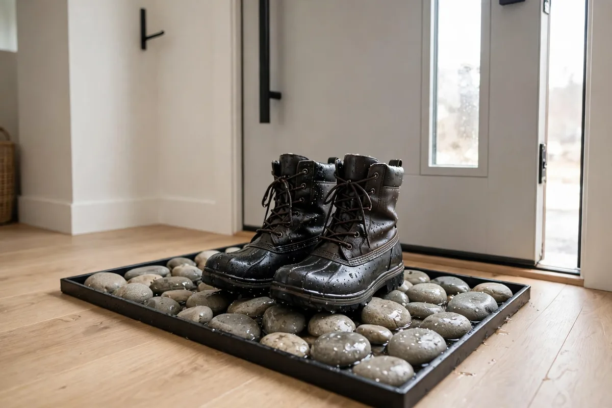 Boot tray with river stones holding wet winter boots by the door