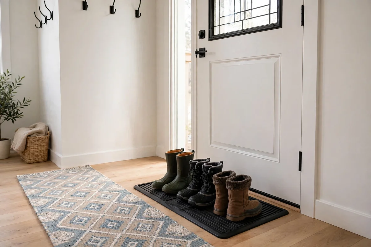 Rubber boot tray by a front door holding three pairs of winter boots in a row