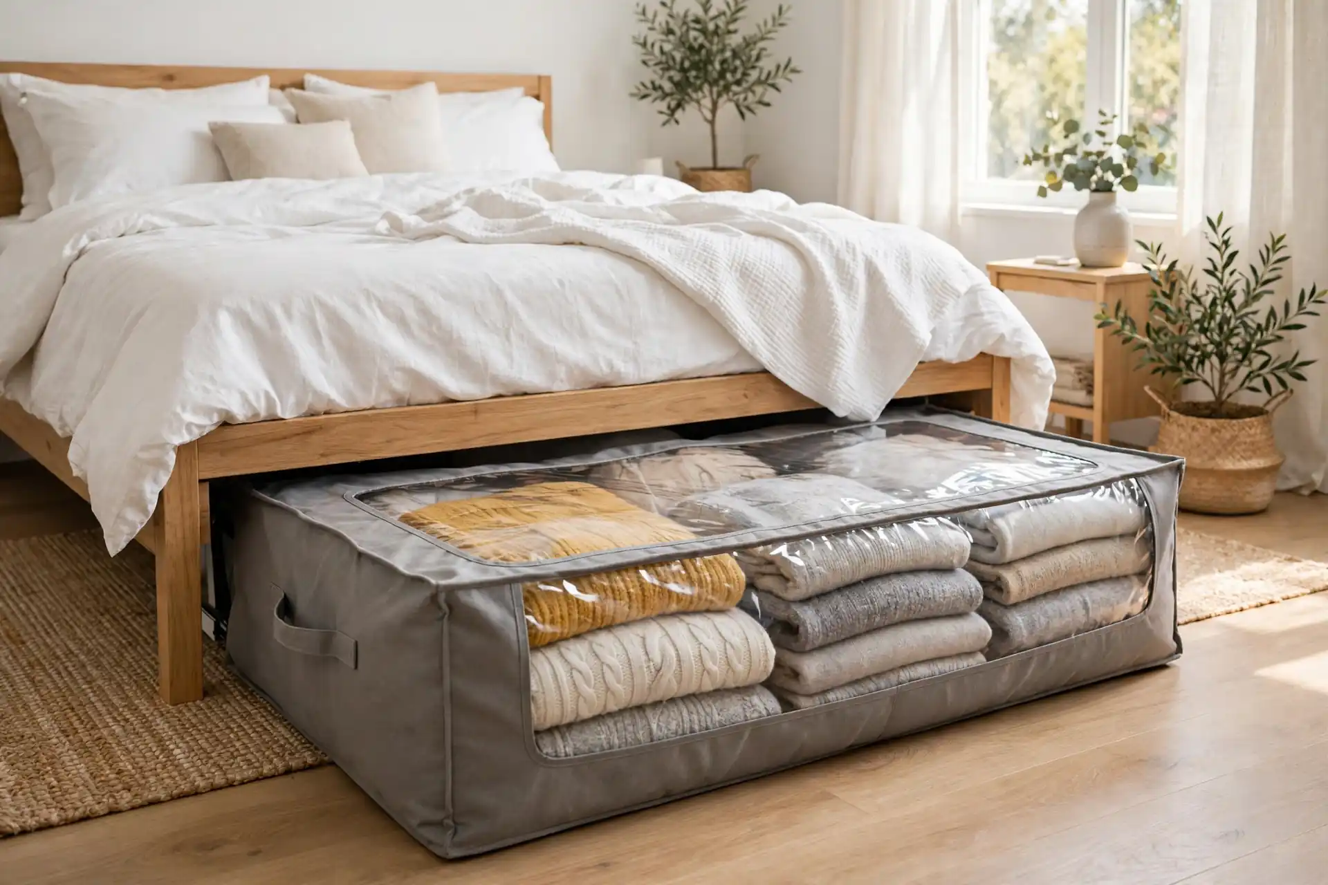 A large soft fabric under-bed bag with a clear window lid holding folded blankets
