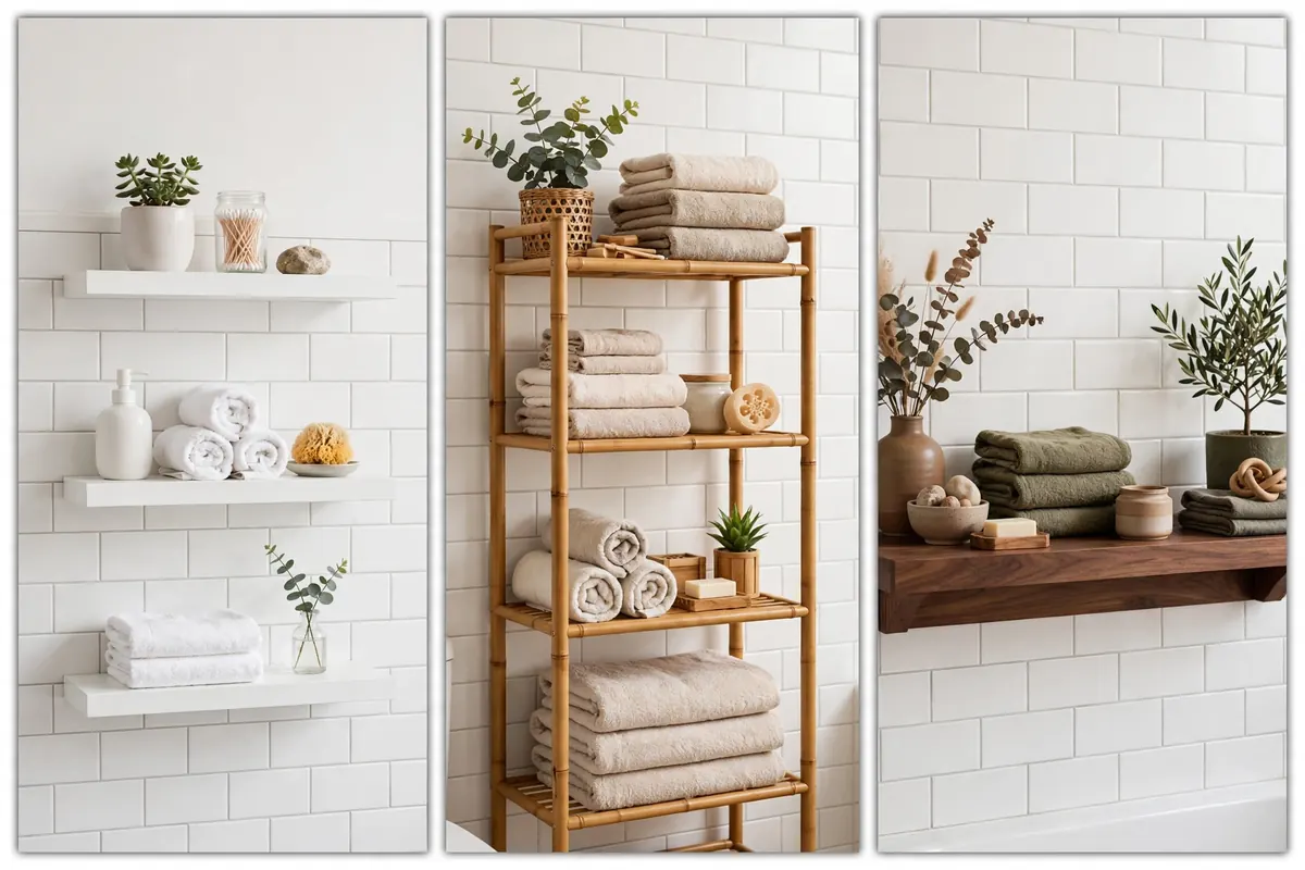Three bathroom shelf setups showing budget, mid-range, and premium tiers